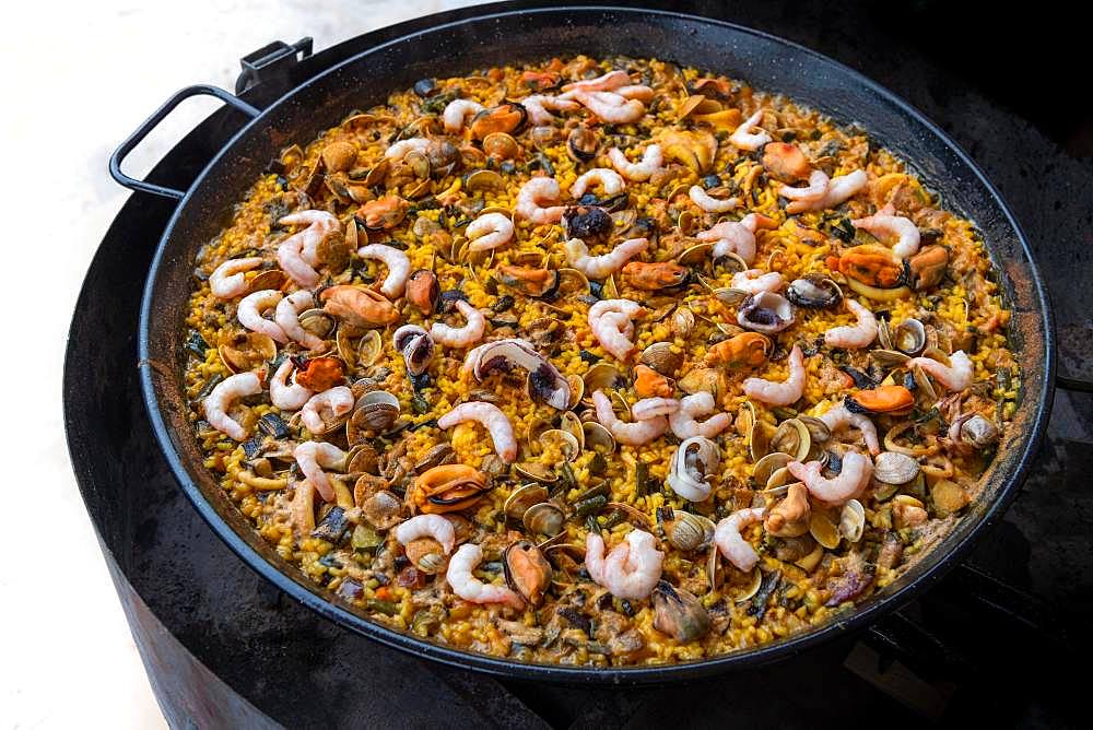 Spanish paella, rice pan with seafood, Andalusia, Spain, Europe