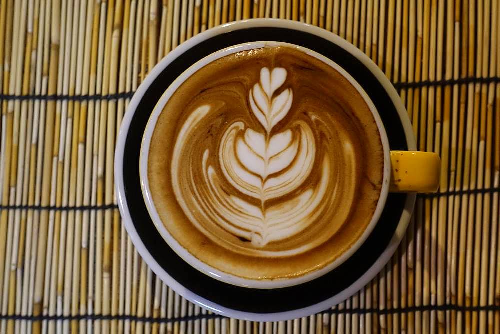 Latte Art, Cappuccino with artfully decorated milk foam in the cup, Bangkok