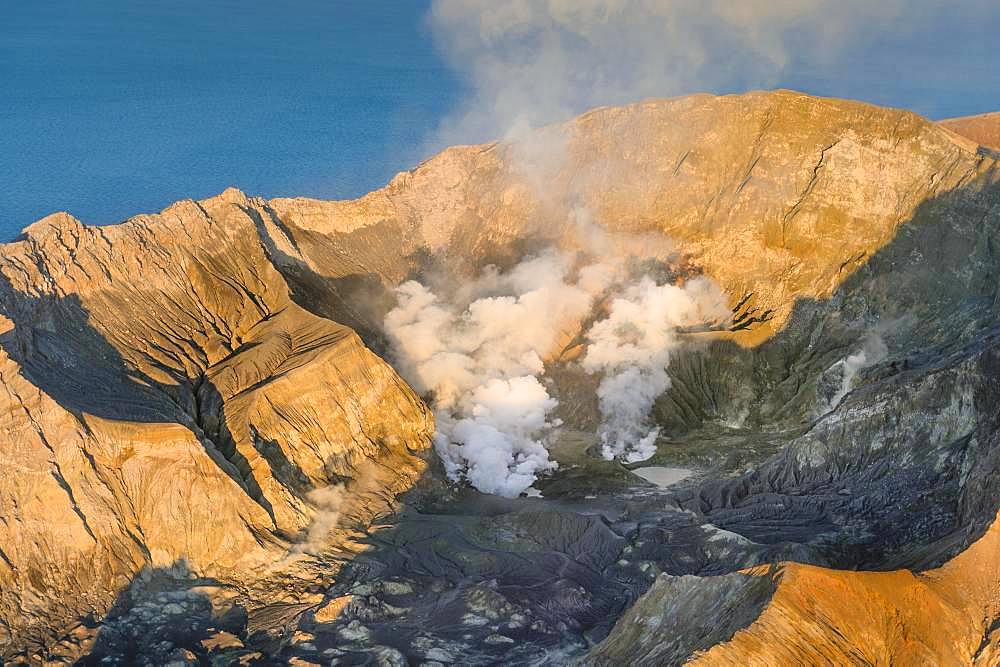 Aerial view of the volcanic island White Island with view into the crater, rising steam, morning mood, Whakaari, volcanic island, Bay of Plenty, North Island, New Zealand, Oceania