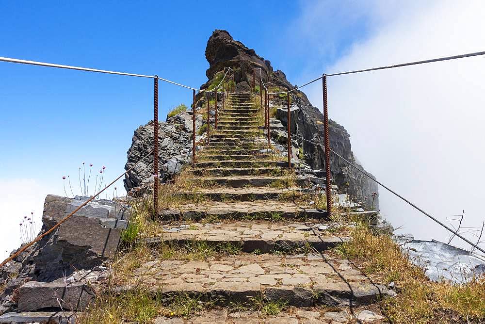 Stairs and hiking trail to the summit of Pico do Arieiro, Madeira Island, Portugal, Europe