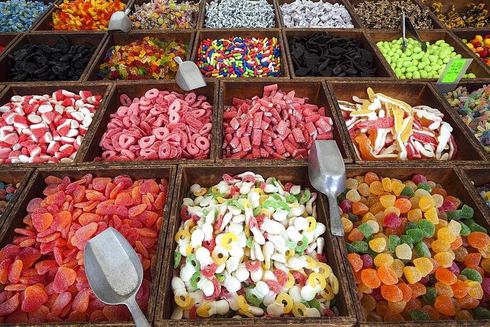 Various colorful sweets, street market in S'Arenal, Majorca, Balearic Islands, Spain, Europe