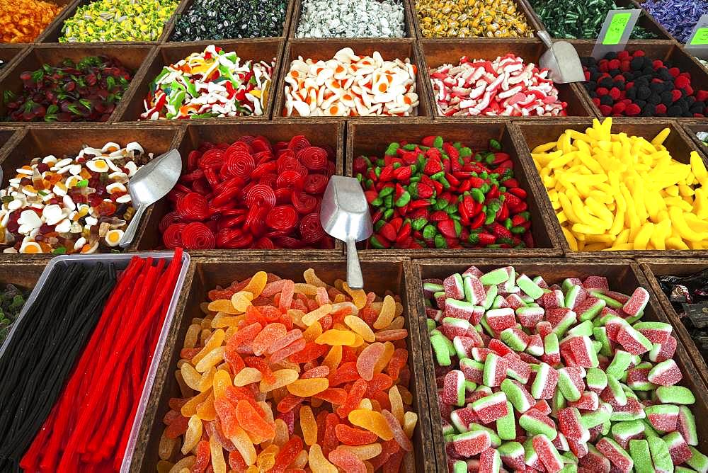 Various colorful sweets, street market in S'Arenal, Majorca, Balearic Islands, Spain, Europe