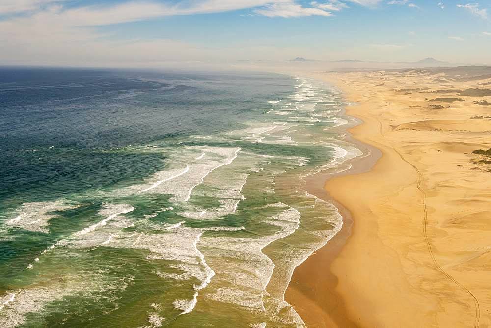Aerial view, long coastline along sand dunes with waves, Atlantic Ocean, West Coast, South Africa, Africa
