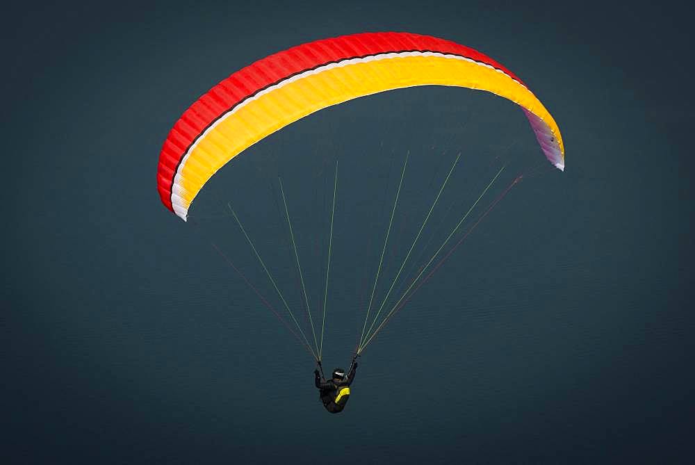 Paraglider over Lake Garda, aerial view, Veneto, Italy, Europe