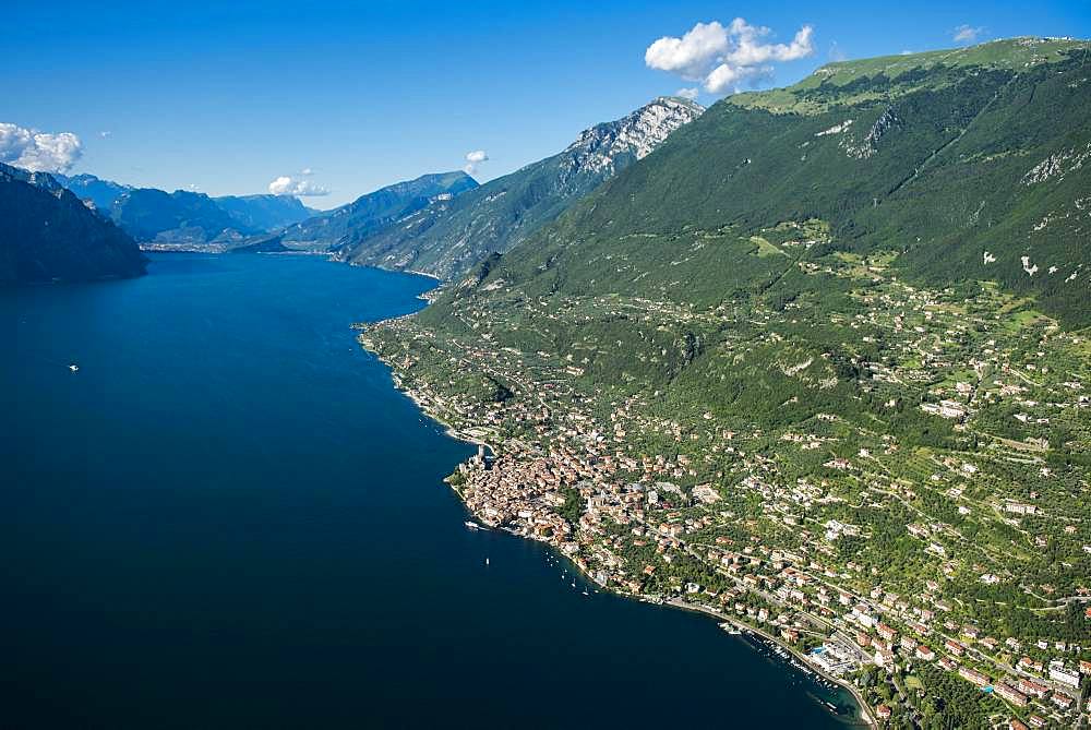 Lake Garda east shore with Malcesine and Monte Baldo, aerial view, Province of Veneto, Italy, Europe