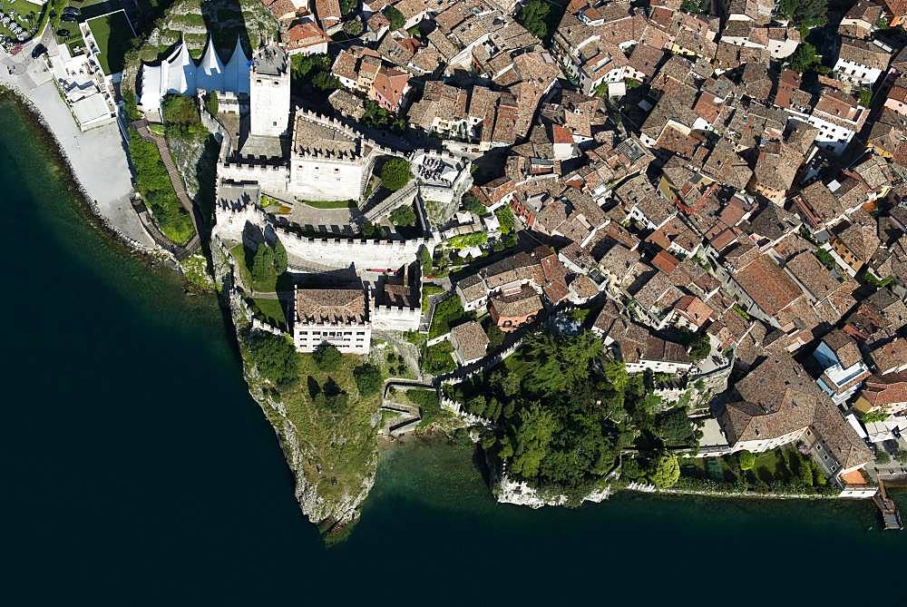Old Town and Castello di Malcesine, Malcesine on Lake Garda, aerial view, Province of Veneto, Italy, Europe