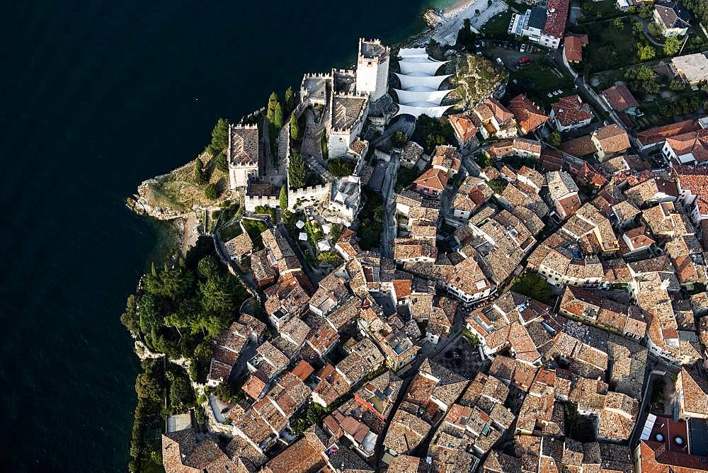 Old Town and Castello di Malcesine, Malcesine on Lake Garda, aerial view, Province of Veneto, Italy, Europe