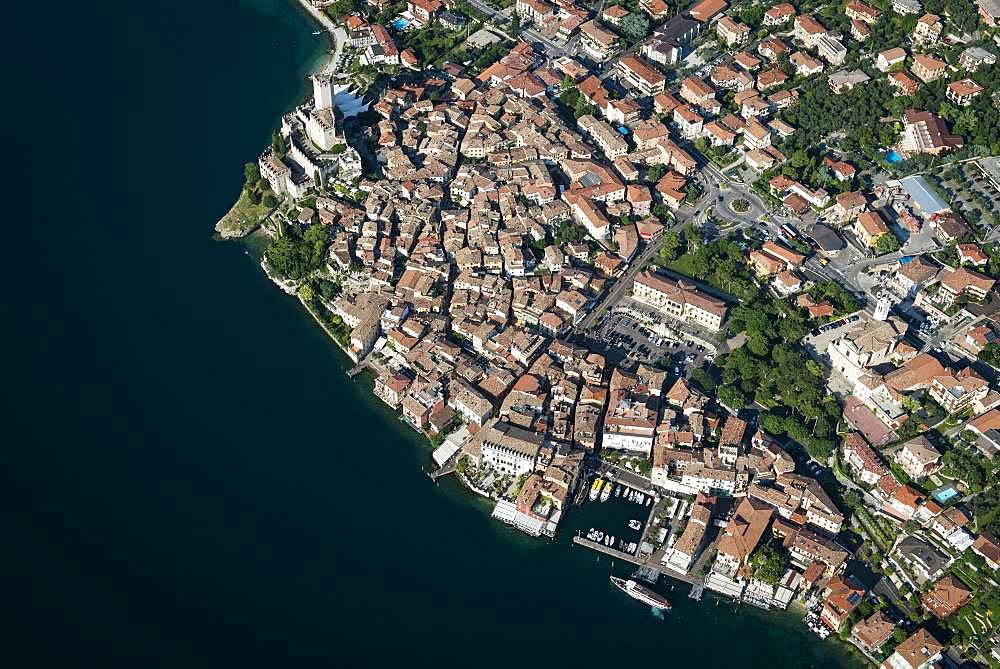 Old Town and Castello di Malcesine, Malcesine on Lake Garda, aerial view, Province of Veneto, Italy, Europe