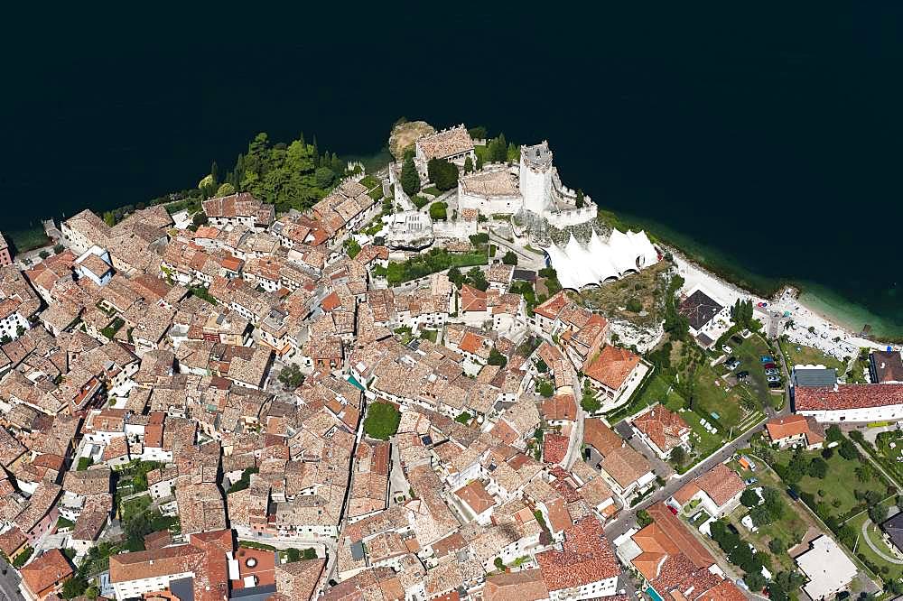 Old Town and Castello di Malcesine, Malcesine on Lake Garda, aerial view, Province of Veneto, Italy, Europe