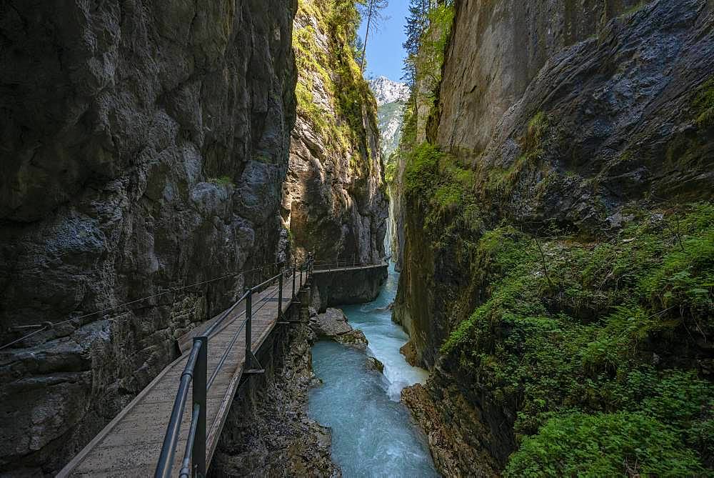 Wooden bridge over Leutascher Ache, Leutasch gorge, near Mittenwald, Bavaria, Germany, Europe