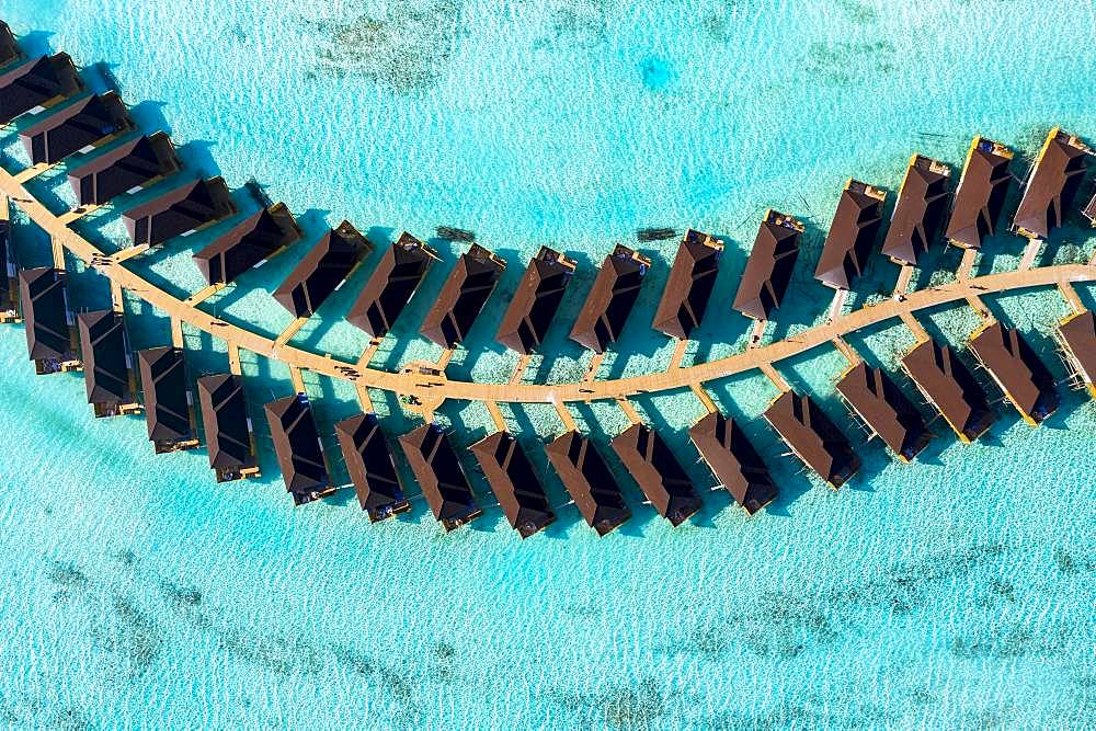 Aerial view, water bungalows in turquoise water, tourist resort, South Male Atoll, Maldives, Asia