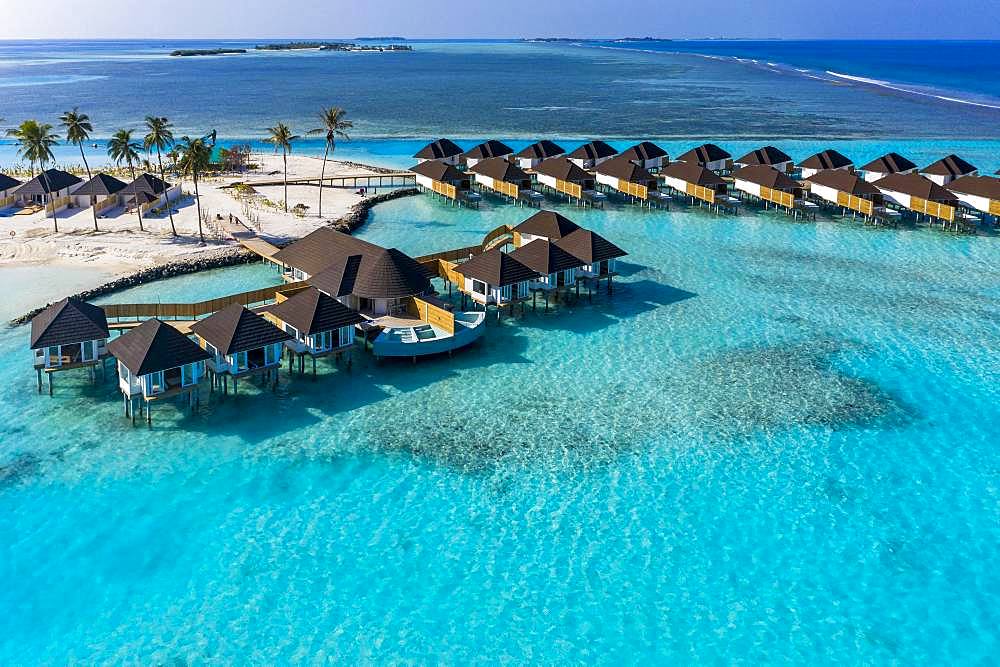 Aerial view, water bungalows in turquoise water, tourist resort, South Male Atoll, Maldives, Asia