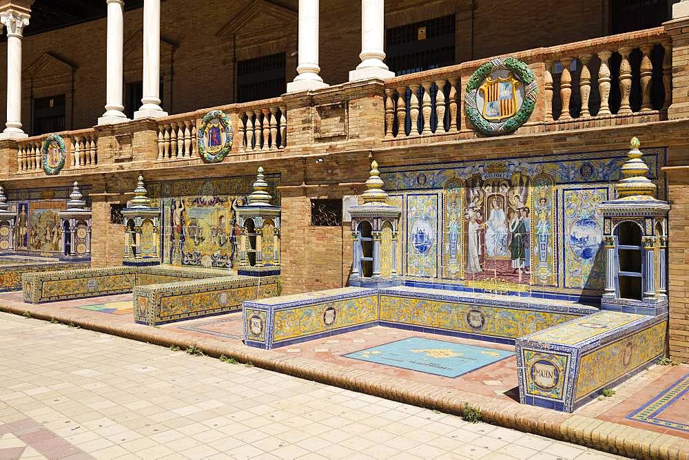 Mosaic pictures from Azulejo tiles, Plaza de Espana, Sevilla, Andalusia, Spain, Europe