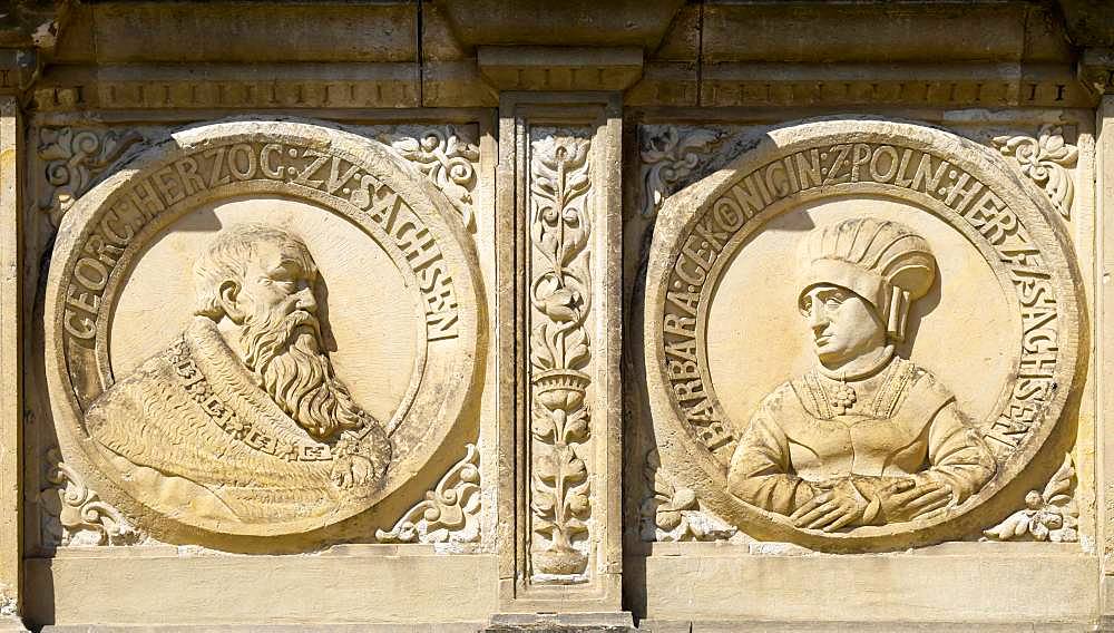 Relief, portrait of Duke George the Bearded and his wife Barbara, a Polish princess, at the town hall, Oschatz, Saxony, Germany, Europe