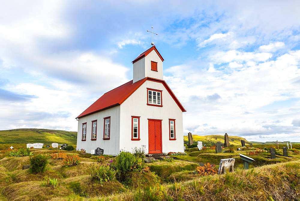 Small church with red roof and cemetery, South Iceland, Iceland, Europe