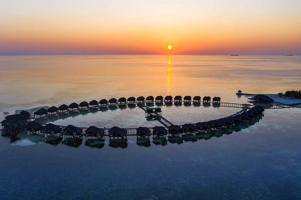 Aerial view, lagoon of the Maldives island Olhuveli with water bungalows, South-Male-Atoll, Maledives