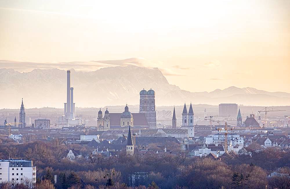 View over Munich with Church of Our Lady, Theatine Church, Ludwigskirche, in the back Zugspitze, Munich, Upper Bavaria, Bavaria, Germany, Europe