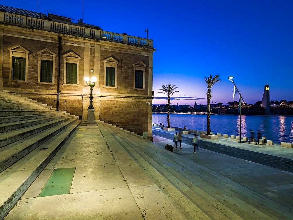 Wide staircase at the harbour at dusk, promenade, Brindisi, Puglia, Italy, Europe
