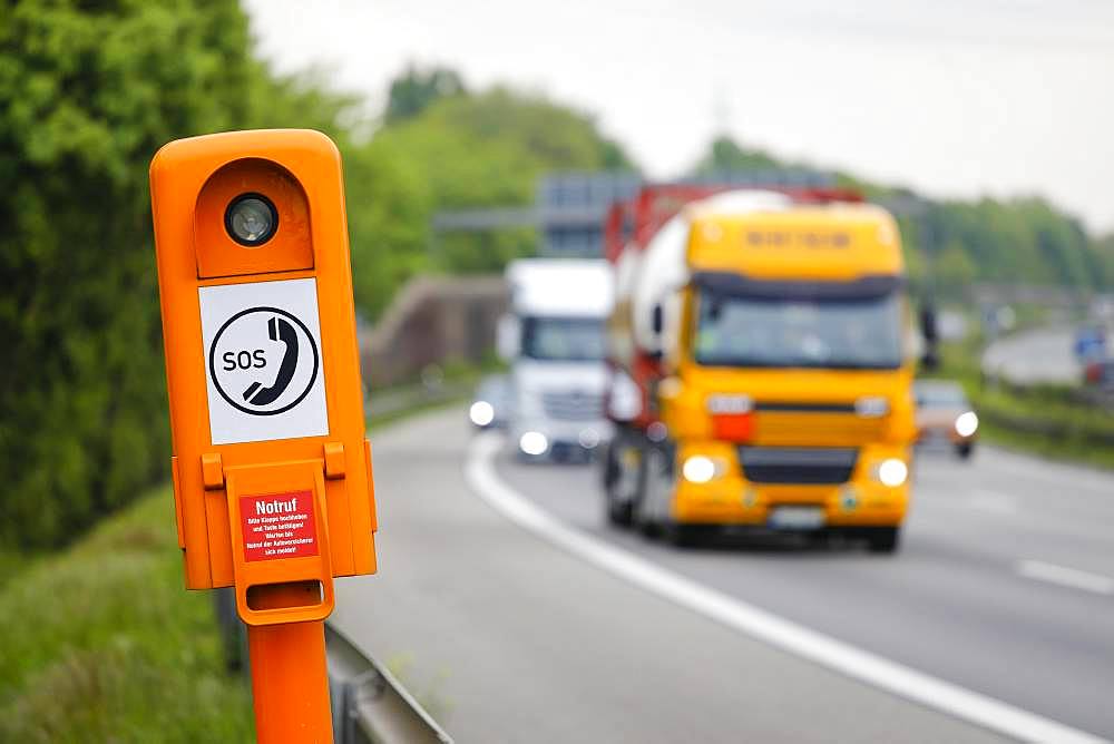 SOS emergency call point on the A2 motorway, North Rhine-Westphalia, Germany, Europe