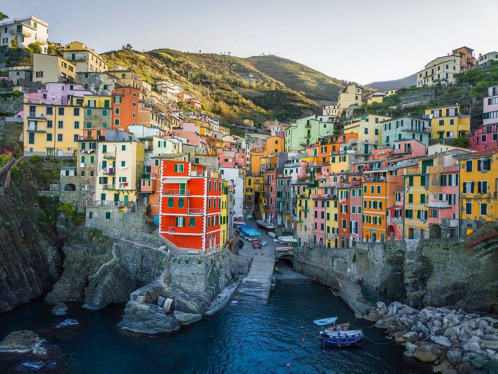 Riomaggiore, aerial view, colorful houses, port, Cinque Terre, Liguria, Italy, Europe