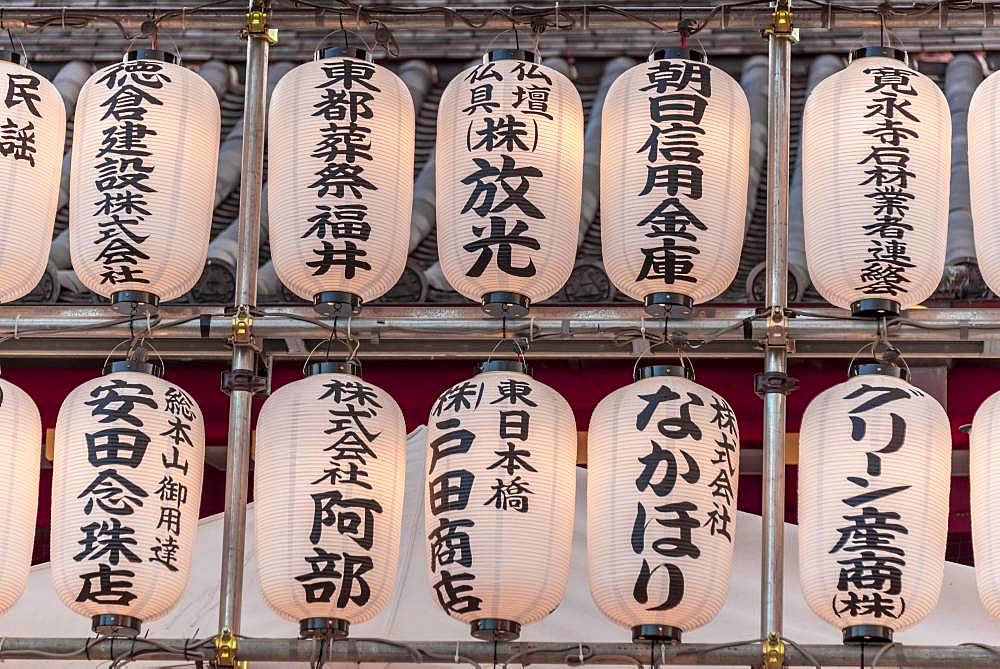 White lanterns with Japanese characters at Shinobazunoike Bentendo Temple, Ueno Park, Tokyo, Japan, Asia