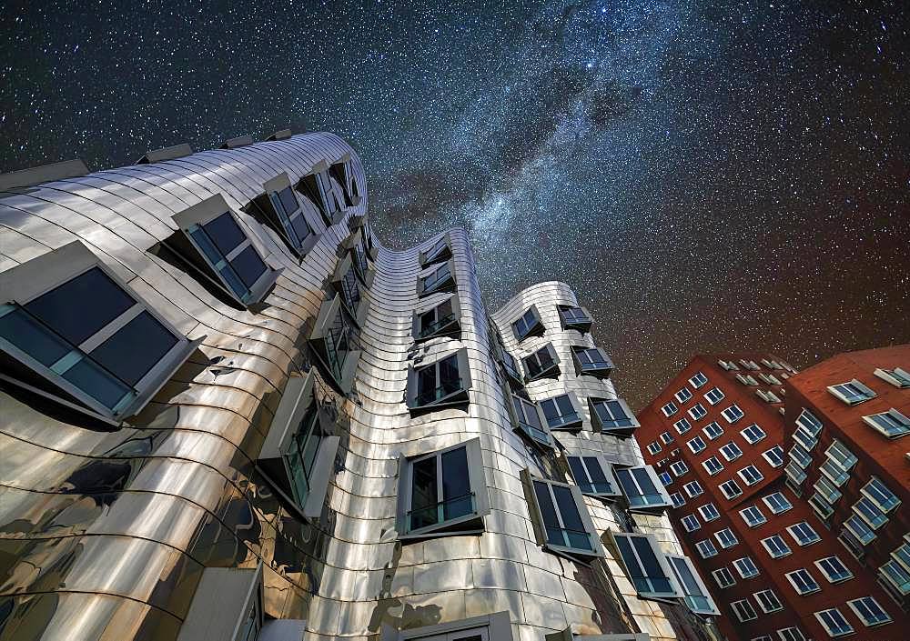 Gehry buildings at night, starry sky, Duesseldorf, Germany, Europe