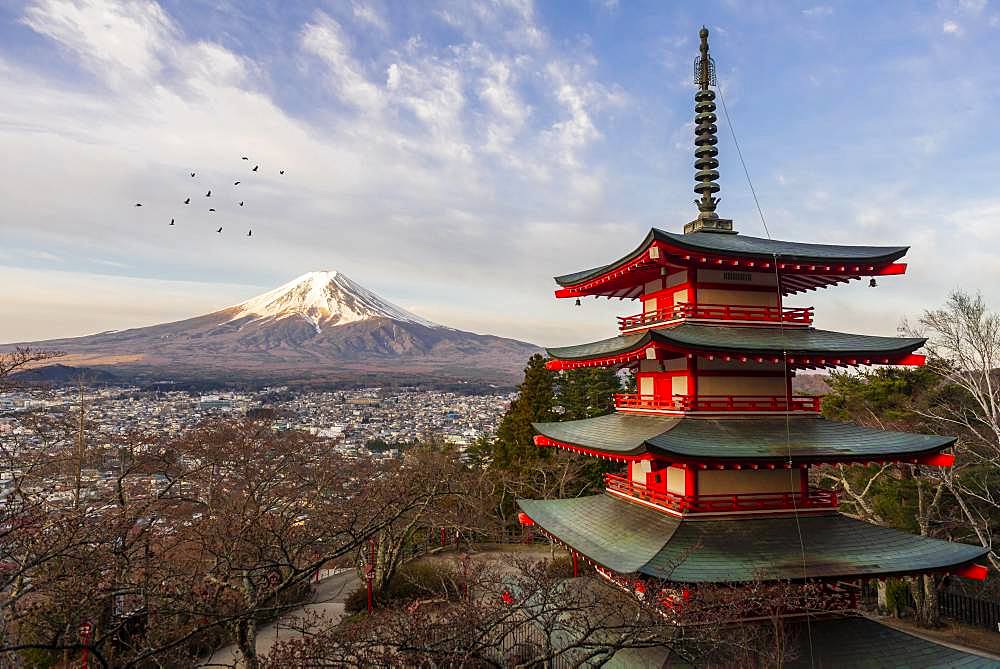 Five-storey pagoda, Chureito Pagoda, overlooking Fujiyoshida City and Mount Fuji Volcano, Yamanashi Prefecture, Japan, Asia