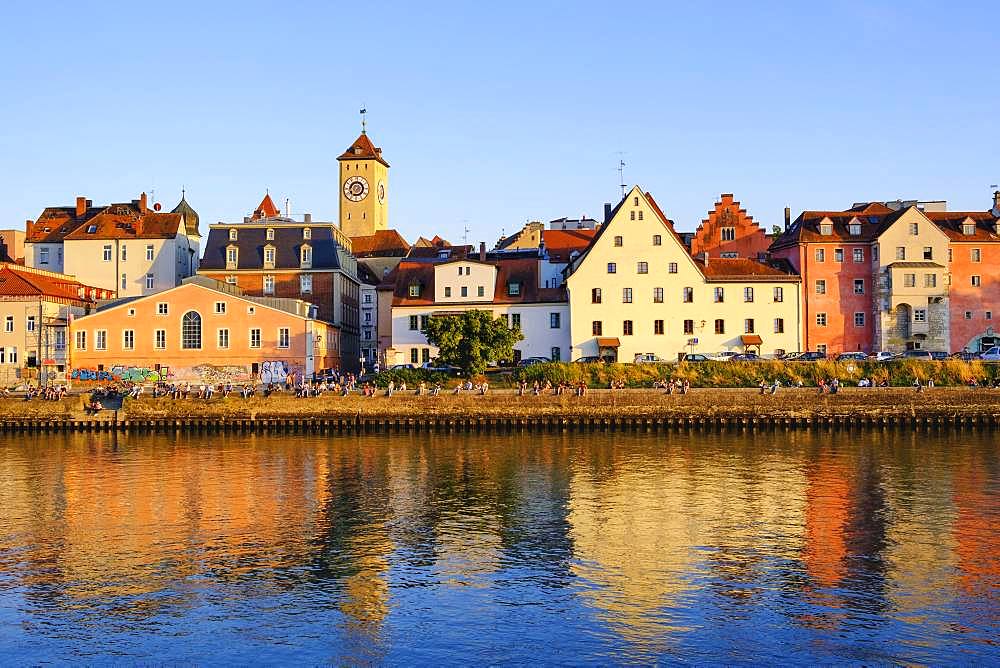 Danube bank at the Weinlaende with town hall tower, Regensburg, Upper Palatinate, Bavaria, Germany, Europe