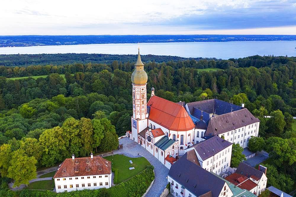 Andechs Monastery, aerial view, Lake Ammer, Fuenfseenland, Pfaffenwinkel, Upper Bavaria, Bavaria, Germany, Europe