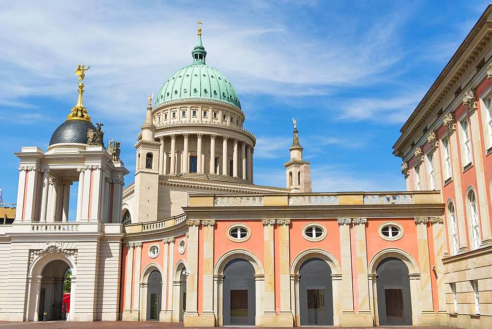 Parliament of Brandenburg, reconstructed city castle, at the back the tower of the St. Nicholas Church, Potsdam, Brandenburg, Germany, Europe