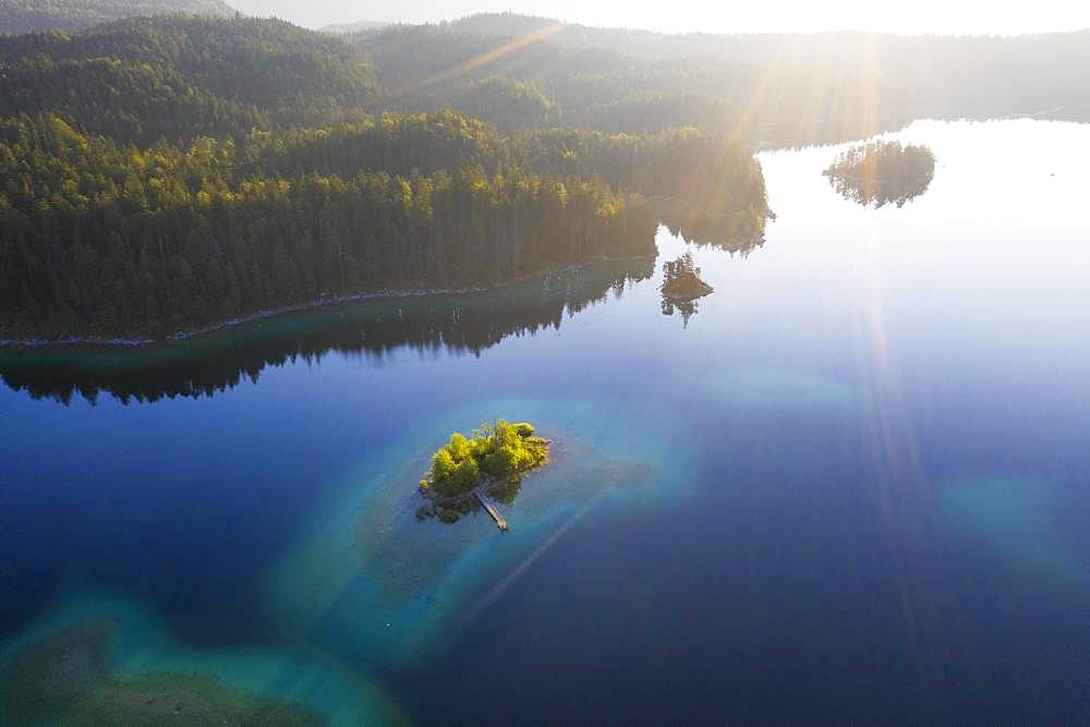 Eibsee lake with Maximilian island in the morning light, near Grainau, Werdenfelser Land, aerial view, Upper Bavaria, Bavaria, Germany, Europe