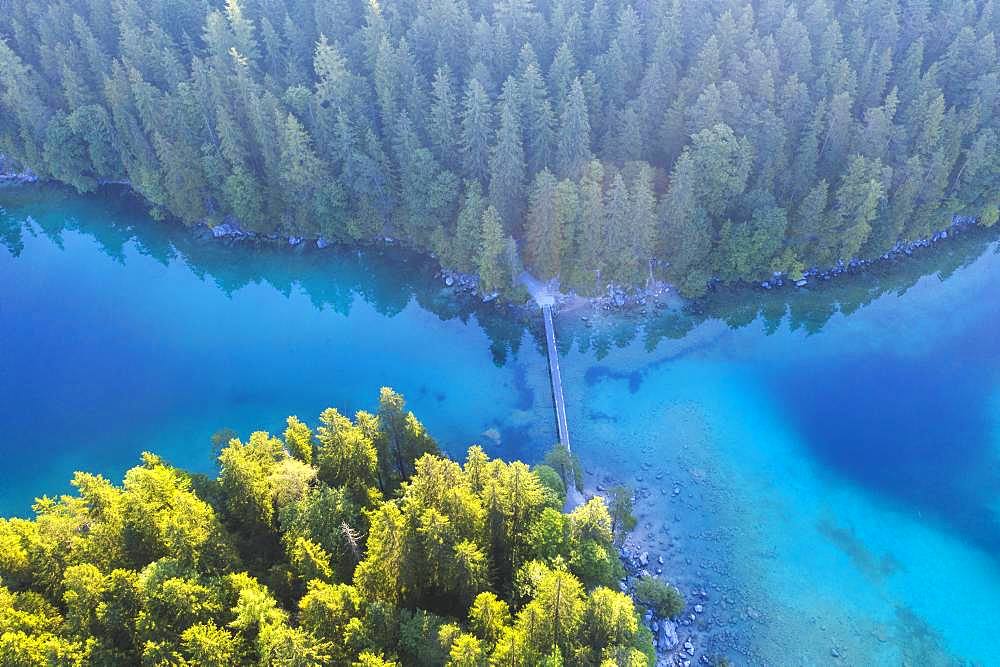 Bridge between Untersee and Eibsee lake, near Grainau, Werdenfelser Land, aerial view, Upper Bavaria, Bavaria, Germany, Europe