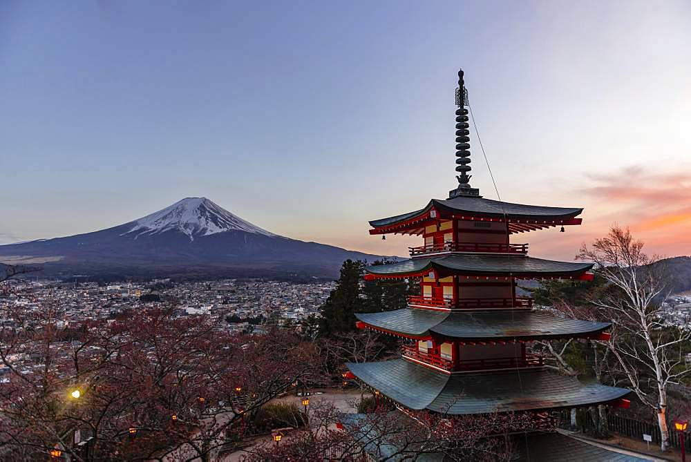 Five-storey pagoda, Chureito Pagoda, overlooking Fujiyoshida City and Mount Fuji Volcano, Yamanashi Prefecture, Japan, Asia