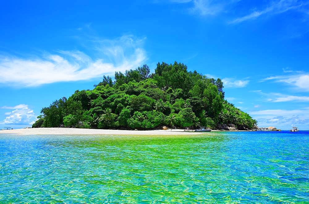 Small overgrown island of Moyenne, Sainte Anne Marine National Park, Republic of Seychelles