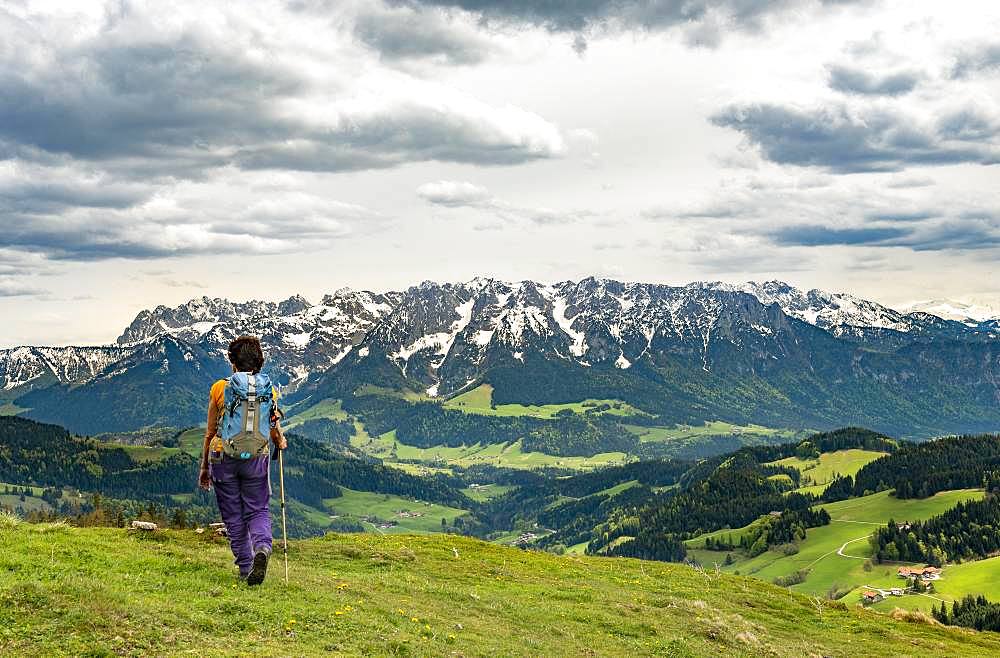 Female hiker on the hiking trail to Spitzstein, at the back mountain range Zahmer Kaiser with snow, Erl, Austria, Europe