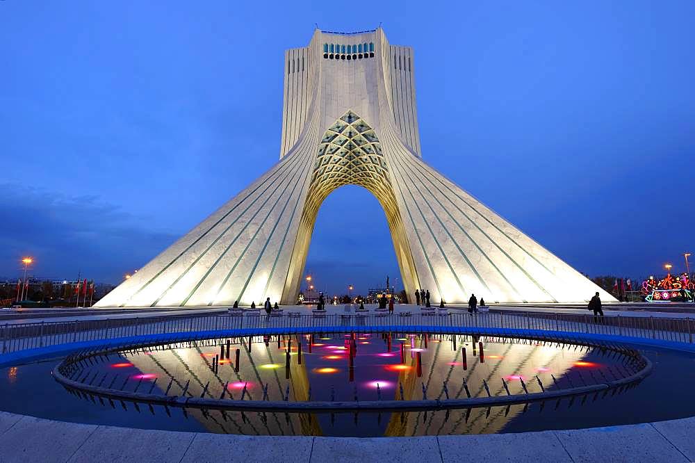 Illuminated Azadi Tower at blue hour, Tehran, Iran, Asia