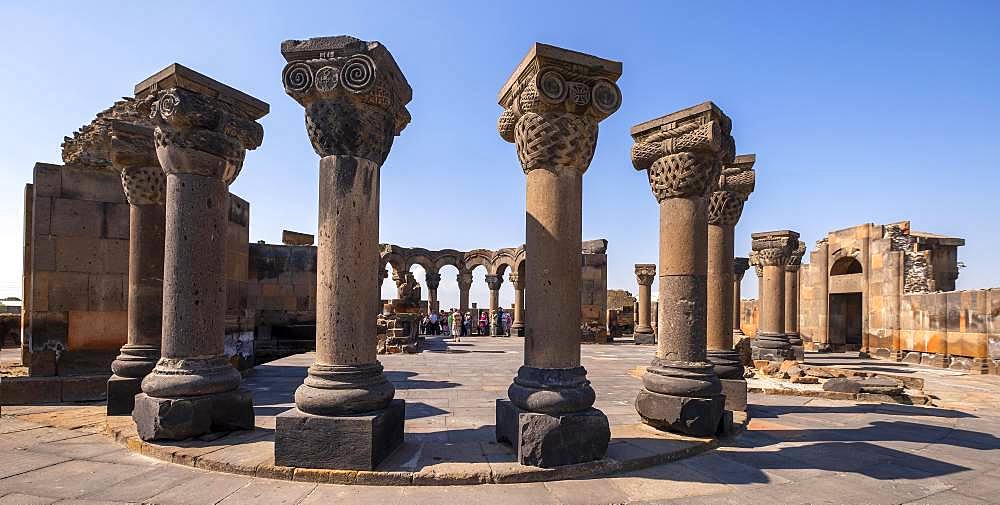 Columns, ruins of the 7th century round church, Swartnoz, Armavir Province, Armenia, Asia