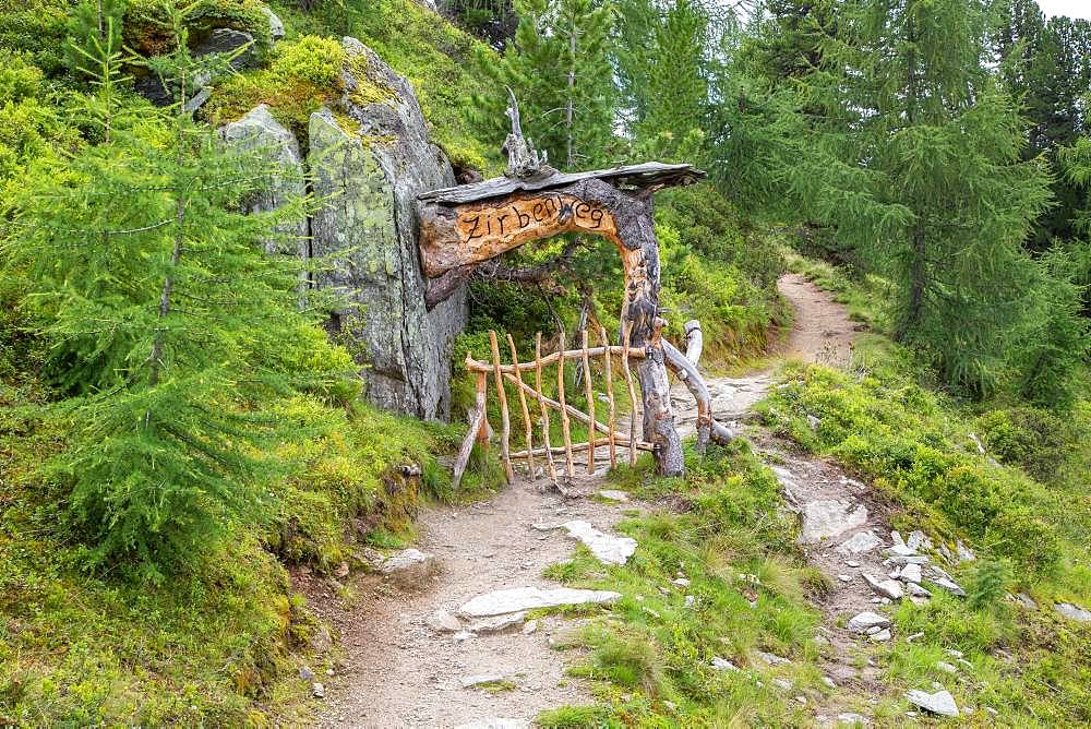 Entrance Zirbenweg, arolla pine pine forest, Graukogel, Bad Gastein, Hohe Tauern National Park, Austria, Europe