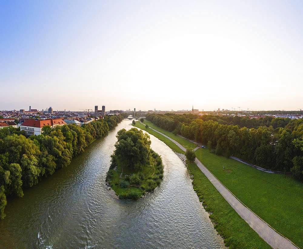 Willow island in Isar and green areas at sunrise, Maximilianskirche and Deutsches Museum at the back, aerial view, Munich, Upper Bavaria, Bavaria, Germany, Europe