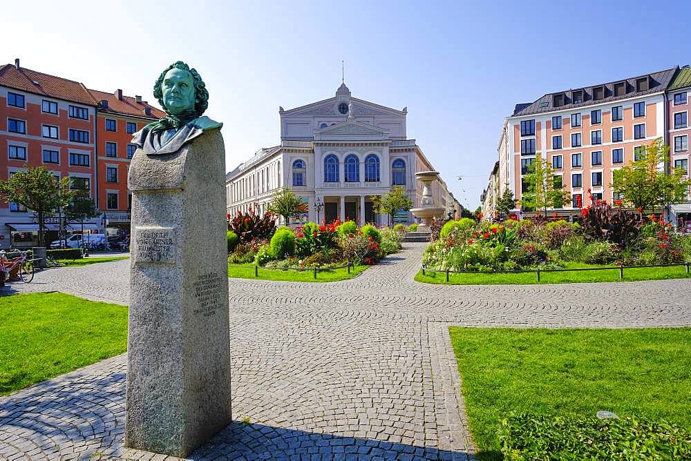 Bust of Friedrich von Gaertner in front of the State Theatre at Gaertnerplatz, Isarvorstadt, Munich, Upper Bavaria, Bavaria, Germany, Europe