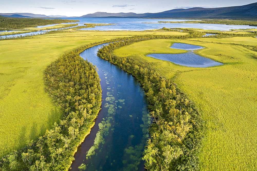 Aerial view, drone shot, meandering river landscape of the Rapa Valley near Nikkaluokta, Sarek National Park, Norrbottens laen, Sweden, Europe