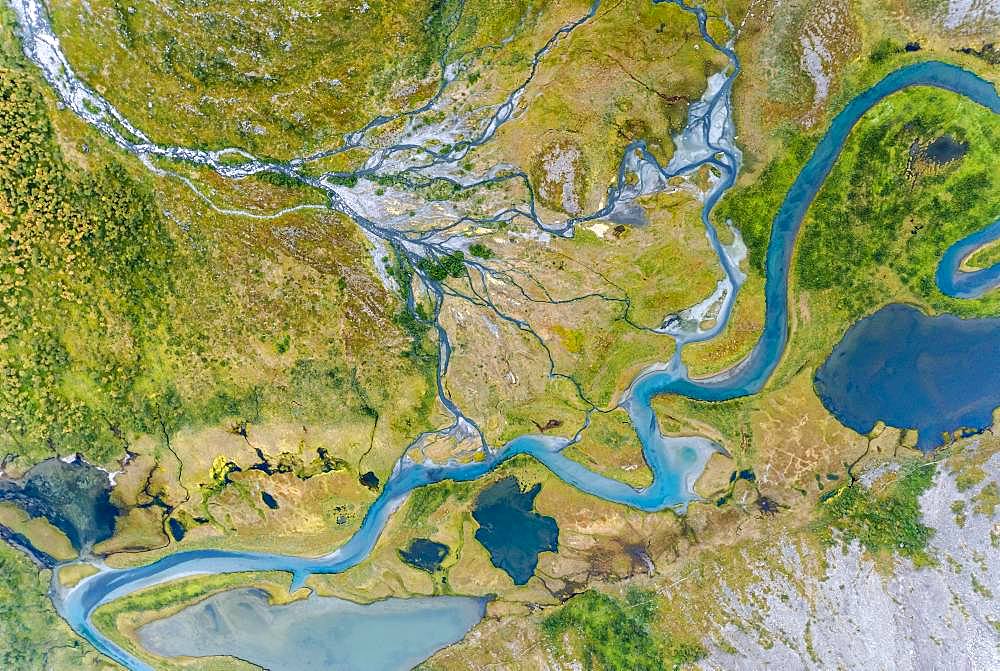 Aerial view, meandering river landscape in the Rapa Valley near Kebnekaise, Sarek National Park, Norrbottens laen, Sweden, Europe