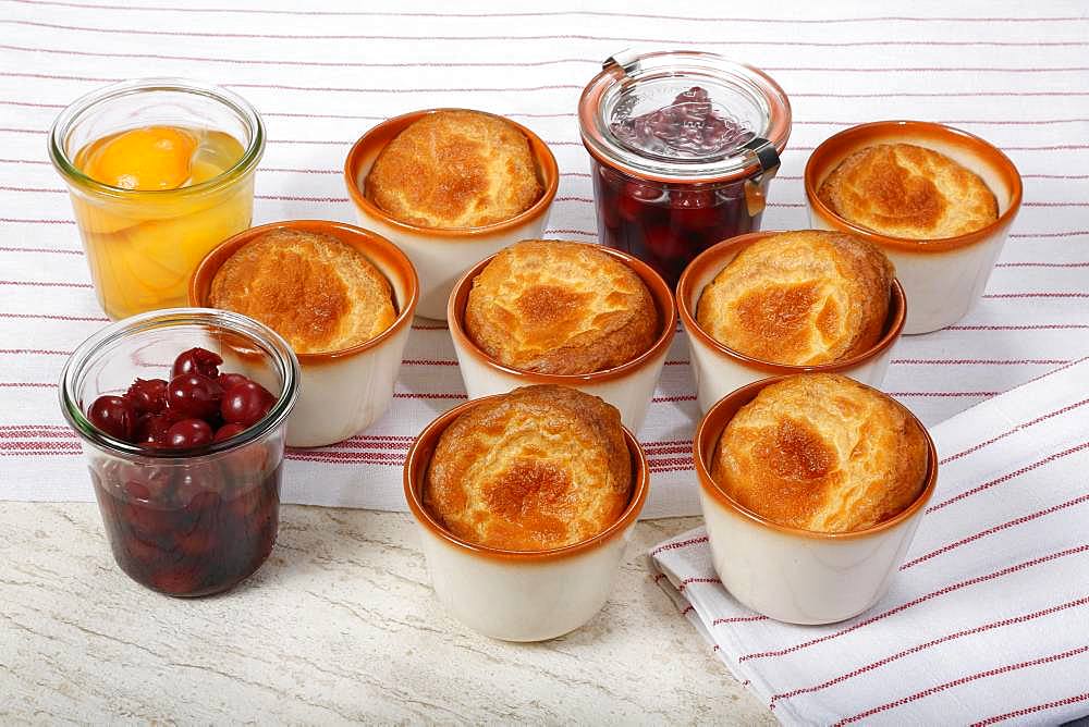 Swabian dessert, Pfitzauf with compote in small moulds, cherries and peaches, Germany, Europe