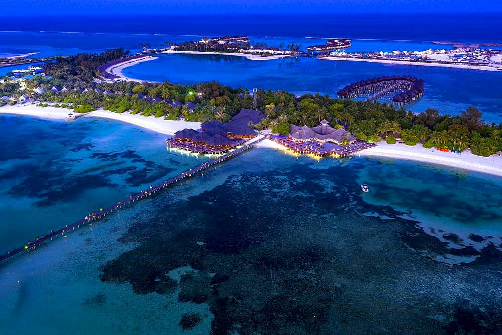 Aerial view, lagoon of the Maldives island Olhuveli at dusk, South Male-Atoll, Maldives, Asia