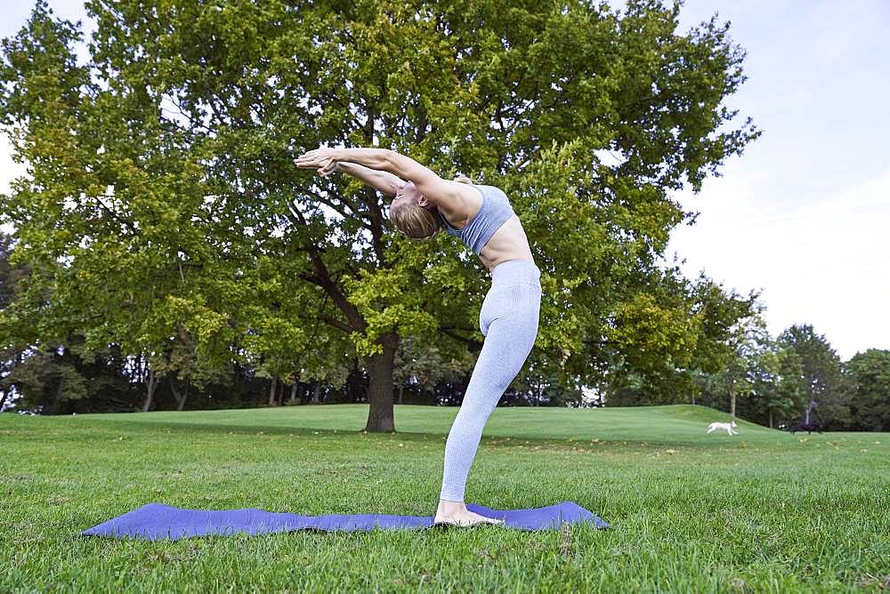 Young woman doing yoga in the park, gymnastics, Olympiapark, Munich, Germany, Europe