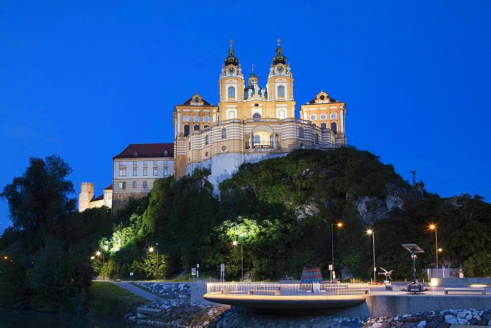 Benedictine Abbey of Melk Abbey at dusk, UNESCO World Heritage Site, Melk, Wachau, Lower Austria, Austria, Europe