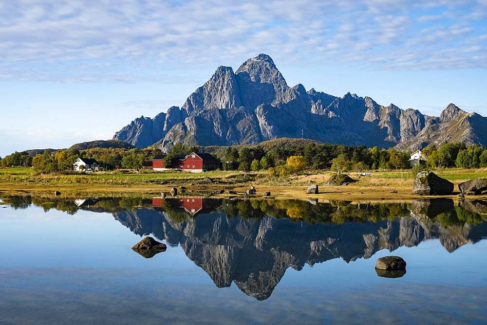 Autumnal landscape, water reflection with mountain, near Svolvaer, Lofoten, Norway, Europe