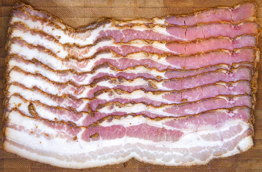 Sliced Tyrolean alpine bacon, smoked ham, Austria, Europe