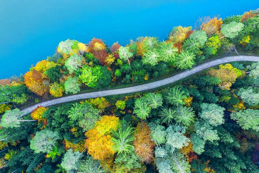 Drone shot, autumn in the Swabian Forest, Herrenbachstausee, Herrenbachtal, Goeppingen district, Baden-Wuerttemberg, Germany, Europe