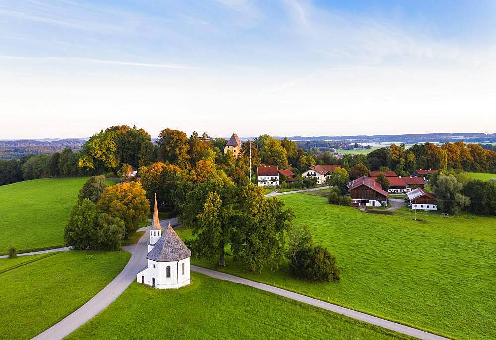 Chapel St. Leonhard and Castle Harmating, Harmating, near Egling, Toelzer Land, aerial view, Upper Bavaria, Bavaria, Germany, Europe